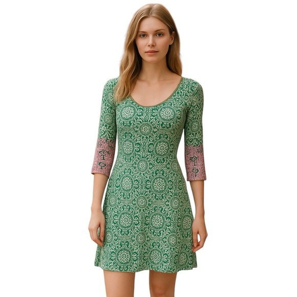 Boden Green & White Medallion Print V Neck Jersey Knit Tunic Mini Dress Womens 8 - Picture 1 of 10